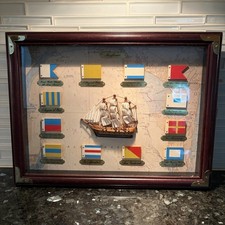 Vtg Mayflower Maritime Nautical Shadow Box Flag Map Sea Spanish Galleon Coastal picture