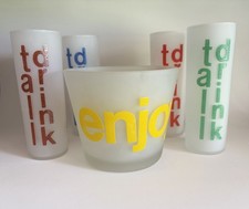 Vintage 1960s Morgan Signed Frosted Bar Set 6Collins Glasses & “Enjoy” Ice Bucke picture