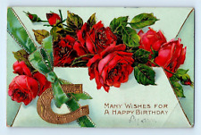 Vintage 1912 Happy Birthday Postcard Red Roses w/ Gold Metallic Horseshoe picture