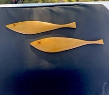 Vintage Mid Century Modern Teak / Walnut Wooden Fish Wall Art / Set Of Two picture