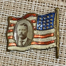 RARE Theodore Roosevelt Portrait on US Flag Campaign Pinback Button (Missing) picture