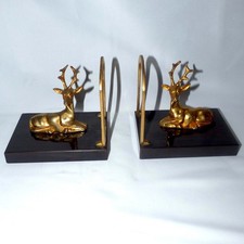 Vintage Art Deco Spelter Deer Bookends Pair Mid Century Wood Base picture