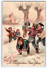 1909 New Year Childrens Snowball Fights Winter Snow Embossed Antique Postcard picture