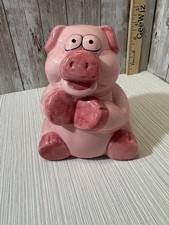 VTC 2003 Pink Ceramic Piggy Bank Sitting Smiling Pig Coin Bank With Stopper picture