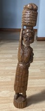 Hand Carved South American Hand Carved Folk Art Wood Women Basket on Head 26” picture