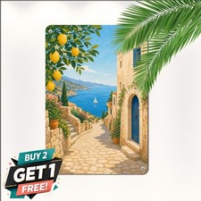 Lemon Tree In Mediterranean Lane Coastal Sailing Bay Plaque Metal Tin Sign picture