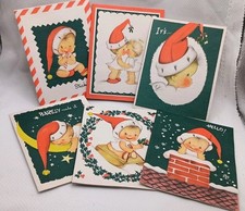 12 VTG Christmas Cards 50s 60s Crestwick box 6 designs EVA baby angel Santa Moon picture
