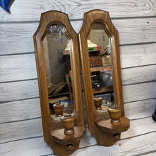 Pair of vintage mirror candle holder wood wall sconces rustic cottagecore 18” picture