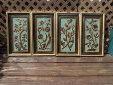 Vintage Homco Gold Floral Wall Plaques Set of 4 MCM Teal Blue Botanical 1970s picture