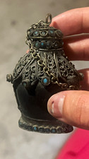 Old Chinese Snuff Bottle w/ Metal Filigree Overlay & Turquoise/Blue Stone Inlays picture