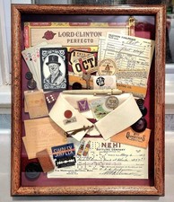 Ephermera Antique Mens Trinket Gambling  Box 1940s Shadowbox Framed Collage picture