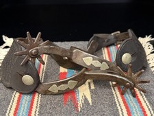RARE Pair Of Kelly Bros No. 6 Silver Engraved Overlaid Spurs w/ Leather Straps picture