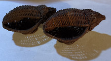 Two Vintage Unique Wicker Rattan Woven Baskets Seashell Shape Brown picture