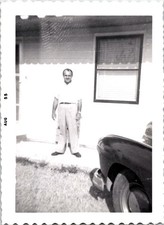 Man Outside House with Vintage Automobile, 1955 B&W Snapshot Photo picture
