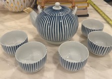 Vintage Japanese Blue White Porcelain Tea Set Teapot 5 Cups Bamboo Handle OMC Ja picture