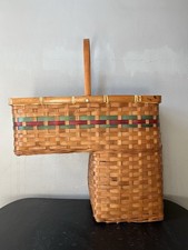 VTG Handmade Woven Stair Step Basket w/ Red & Green Accent Bands VERY RARE picture