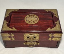 Vintage Chinese Rosewood Jewelry Box Brass Shou Longevity Red Silk Lined Drawer picture