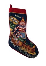 Beautiful Vtg. Handmade Needlepoint Stocking Velvet Back “Christmas Toys” 19” picture
