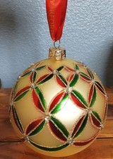 Waterford Holiday Heirlooms Wedge Ball Glass Christmas Ornament Red Green Gold picture