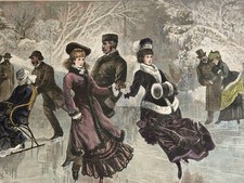 1877 SCHELL and HOGAN SKATING IN CENTRAL PARK, HARPER’S WEEKLY HAND COLORED picture