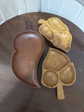 Vtg Hand Carved Monkey Pod & Teak Wood Leaf Trays - Set of 3 picture