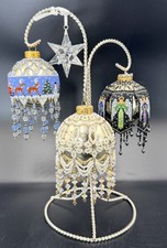 RARE VTG 80s Handmade Beaded Overlay Glass Christmas Ornaments Santa Angel picture
