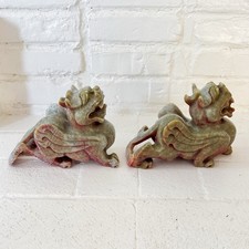 Pair Vintage Chinese Carved Stone Foo Dogs Guardian Lions Green Red 7” picture