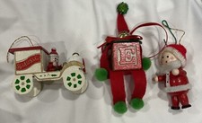 Vintage Wooden Christmas Tree Ornaments Lot Of 3 Santa Car Elf Handmade 🔥 picture