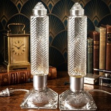 1930s Art Deco Clear Glass Torpedo Bullet Skyscraper Lamps Herring Bone Updated picture