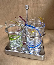 VTG 1990s Starbucks Hand Blown Swirl Espresso Shot Glass Set Chrome Caddy Rare picture