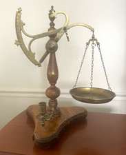 Antique Vintage Wood & Brass Hanging Balance Scale w/ Brass Pan Chain Tray picture