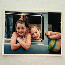 Vintage Original Color Snapshot Photo of Two Girls Leaning Out Vehicle Window picture