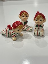 Vtg Lefton Candy Stripe Elves Complete Set Of 3 Pixie Figurines Korea Htf Crawl picture