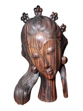 Vintage Balinese Hand Carved Striped Ebony Bust Young Woman (10.5lbs, 13