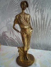 VINTAGE BRASS ART DECO FIGURINE HEAVY SOLID 1920'S STYLE  LADY FLAPPER DRESS picture