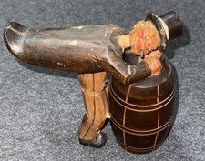 Vintage Wooden Moving Man Leaning On Barrel Match/Cigarette Box Wood Opens 7