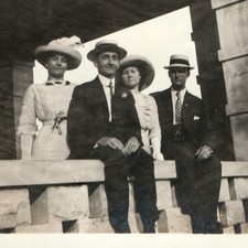 c1910s Boater Hats Stone Porch Balustrade Snapshot Photo Double Date Couple Suit picture