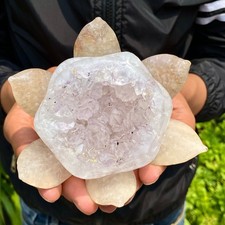 1.19LB Natural Agate Geode Carved Lotus Flower, Hand Carved Healing Crystal Home picture