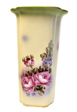 Beautiful 8” VTG Hand Painted Pink Roses Flowers Square Porcelain Vase Gold Rim picture