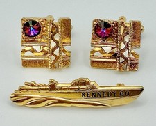 ⭐️ RARE JFK PT-109 CAMPAIGN PIN & MATCHING CUFFLINKS PRESIDENT KENNEDY ⭐️ picture