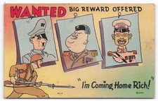 VTG 1942 WWII Propaganda Postcard - Wanted Hitler Mussolini Tojo Reward Comic picture