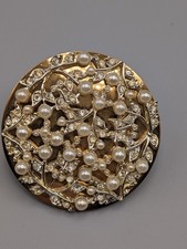 Vintage Majestic Lipstick Holder Compact Mirror Gold Tone Rhinestone Pearl picture