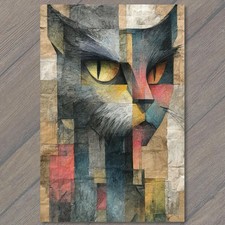 POSTCARD Geometric Black Cat Portrait Abstract Cubist Mosaic Golden Eyes picture