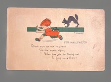 Vintage 1922 Halloween Postcard Black Cat Scared Girl F Warren No 2399 picture