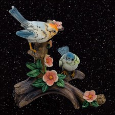 Vintage Resin Two Birds Sitting On Tree with Flowers Decor Figure 7” picture