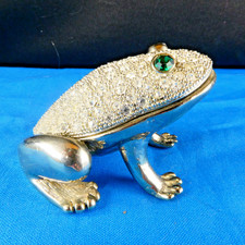 Vintage Bejeweled Frog Trinket Box Clear Rhinestones Green Eyes Miniature Metal picture