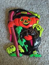 Vintage Plastic 3D Pumpkin Cat Vacuform Halloween Wall Hanging Decor Glow  picture