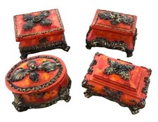 Vintage 4pc Ornate Miniature Decorative Trinket Boxes Red/Black/Gold Victorian picture