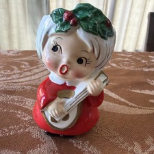 Vintage Lefton Ceramic Hand-Painted Girl Playing Banjo Christmas votive Holder picture