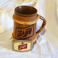 Schlitz Vintage Wooden Beer Mug Rope Handle w/ Removable Insert & Belt Buckle picture